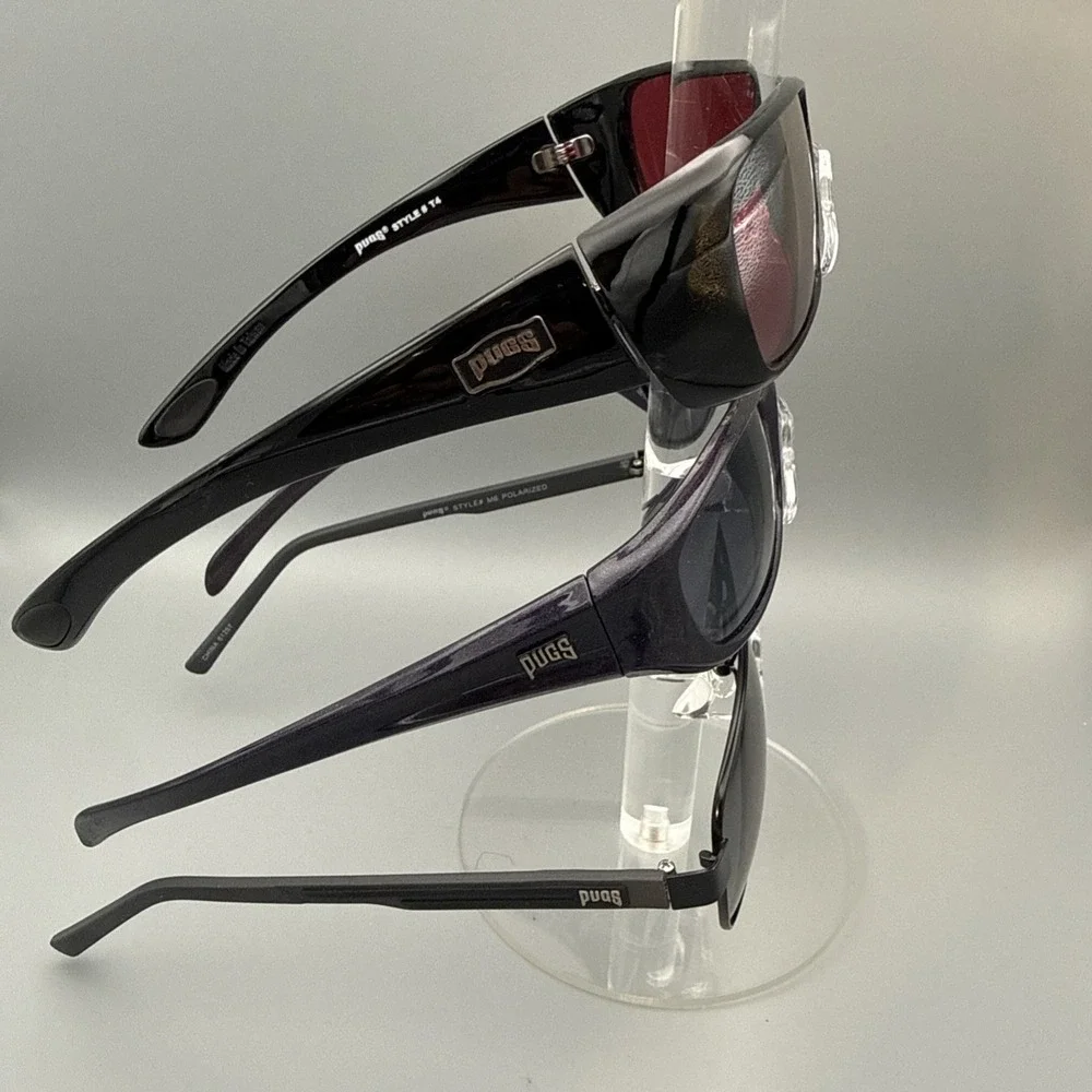 THREE PAIRS OF AUTHENTIC BLACK PUGS MEN'S SUNGLASSES WRAPS &  AVIATORS